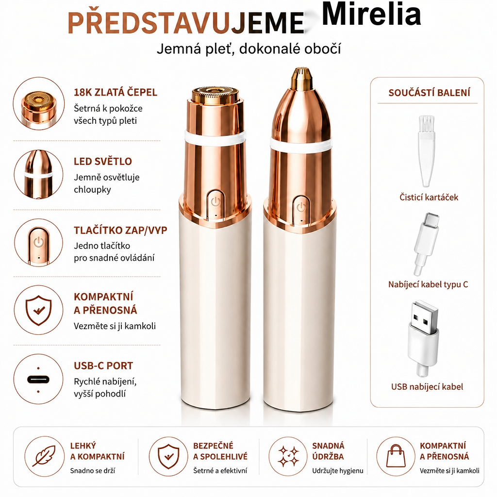 Mirelia OANVA - vlastnosti: 18K zlatá čepel, LED světlo, USB-C